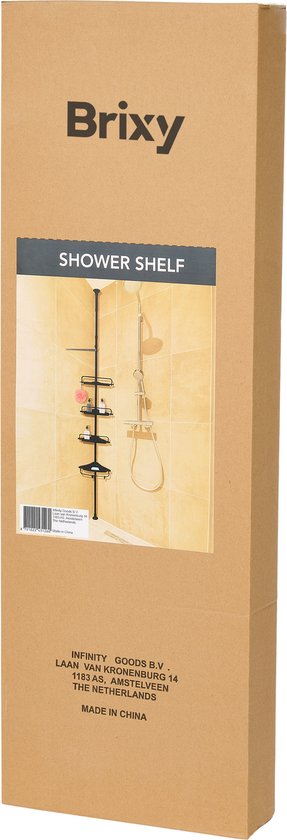 Brixy Support de douche - télescopique - 85-305 cm - sans perçage - du sol au plafond - 4 étagères - 3 crochets - noir