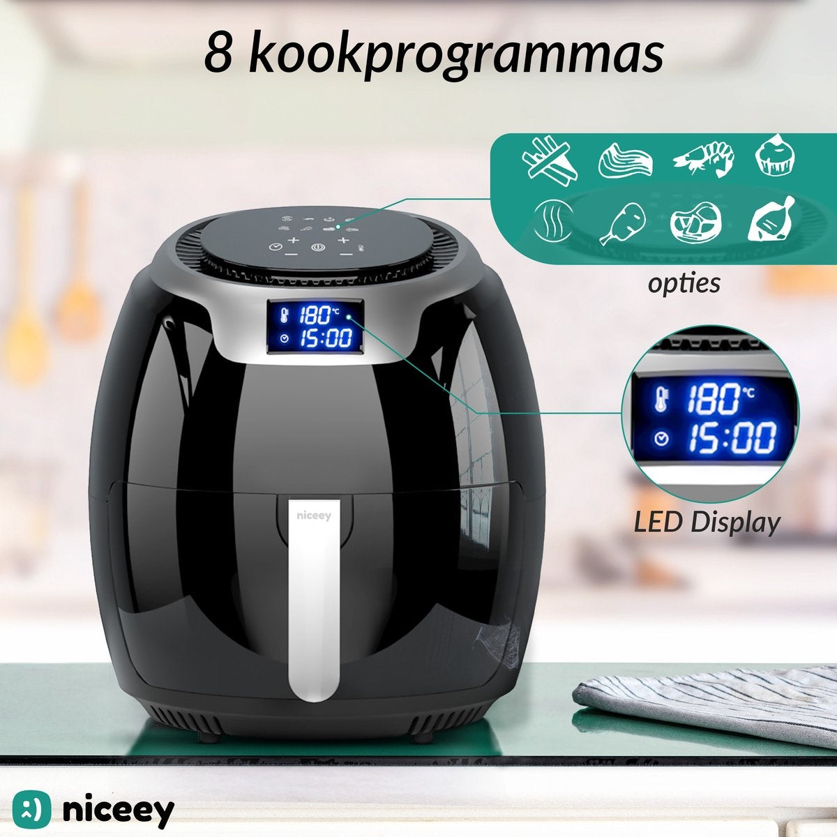 Niceey Airfryer XXL - Friteuse à air chaud - 8L - 1800W - Noir