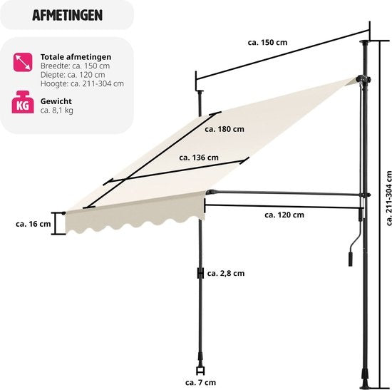 Store - tectake - Store à pinces - Réglable - Parasol balcon - 150 x 180 cm - beige - store - 404954