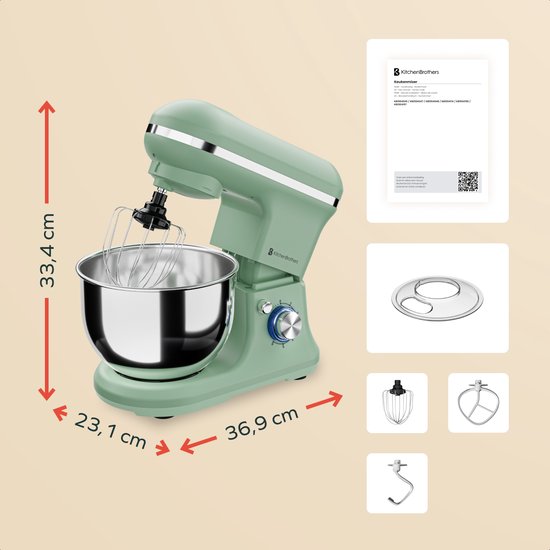 KitchenBrothers Robot de cuisine - 1200W - Robot de cuisine - 5L - Mélangeur à pain - Mélangeur avec bol - Mélangeur de cuisine - Vert pastel