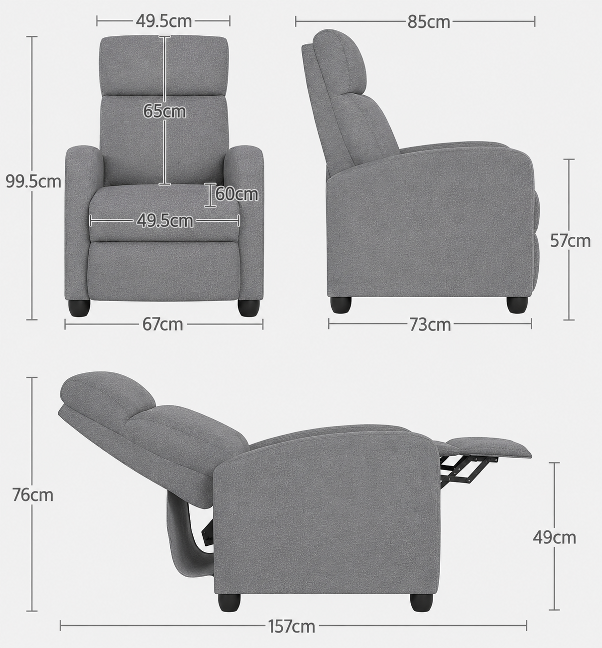 Fauteuil relax réglable Yaheetech - Gris - Fauteuil TV en lin avec repose-pieds et fonction d'inclinaison
