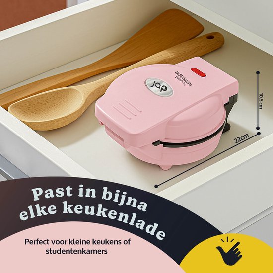 JAP Appliances Dough Joy Waffle Iron - Gaufrier pour 1 gaufre ronde - revêtement antiadhésif - voyant lumineux - Gaufres 16x16 cm - Rose