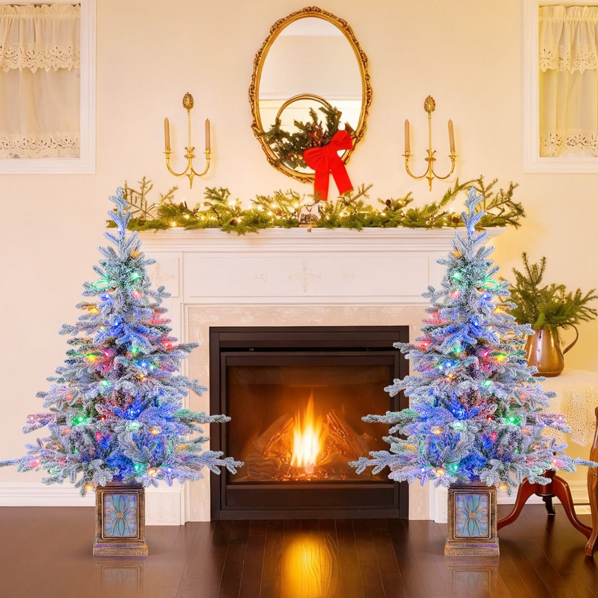 Coast Artificial Christmas Tree 120 cm Green/White - With Snow - 100 LED Multicoloured & Warm White - In Antique Pot