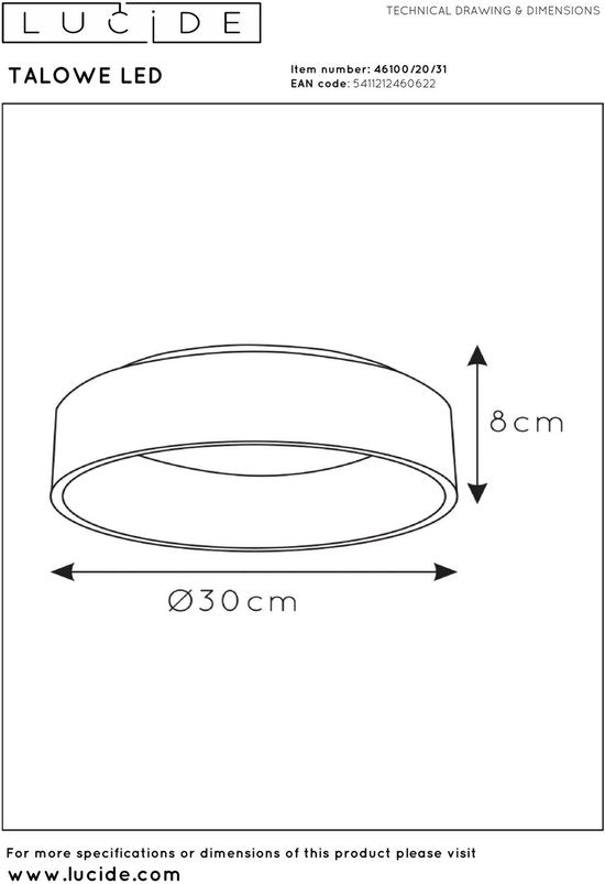 Lucide TALOWE LED - Plafonnier - Ø 30 cm - LED à intensité variable - 1x20 W 3000 K - Blanc