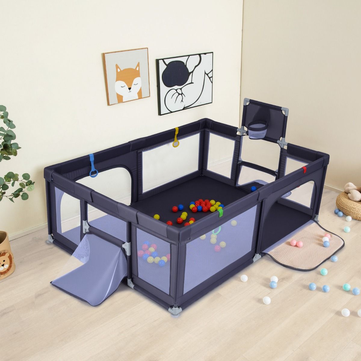 Parc pour bébés Coast 207x145x68 cm Gris foncé - Grand parc pour bébés - Avec anneau de basket et filets de football - Comprend 50 ballons Ocean et anneaux de préhension - Design sûr et spacieux