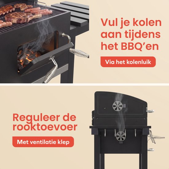 KitchenBrothers Barbecue au charbon de bois XL - Barbecue fumoir à deux zones - Avec grilles à charbon réglables et tables latérales rabattables - Sans PFAS - Surface de cuisson de 42,3 x 75,8 cm - Noir