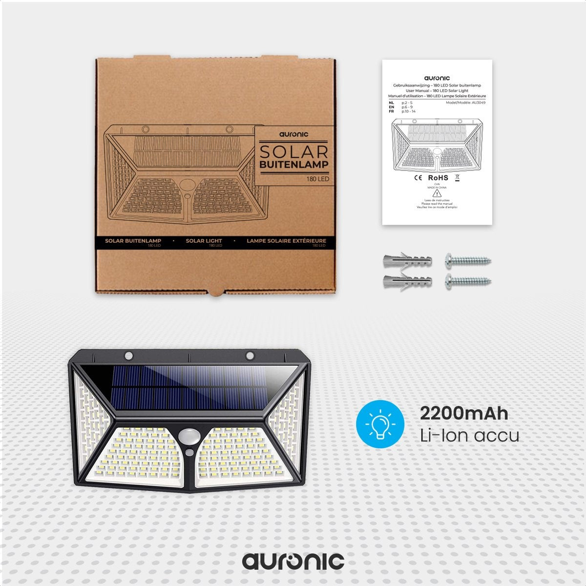Auronic Lampe solaire d'extérieur avec détecteur de mouvement - Applique murale avec détecteur - Solaire - 180 LEDs - IP65 - Noir