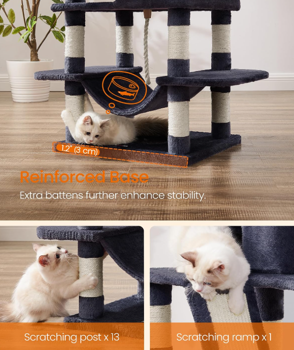 Songmics Arbre à chat 168 cm - Tour pour chat avec 13 poteaux à griffer - Gris fumé