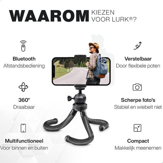 LURK® 3 en 1 trépied souple octopus pour smartphone & (action) caméra - Incl. pince pour téléphone et télécommande bluetooth - 25 cm