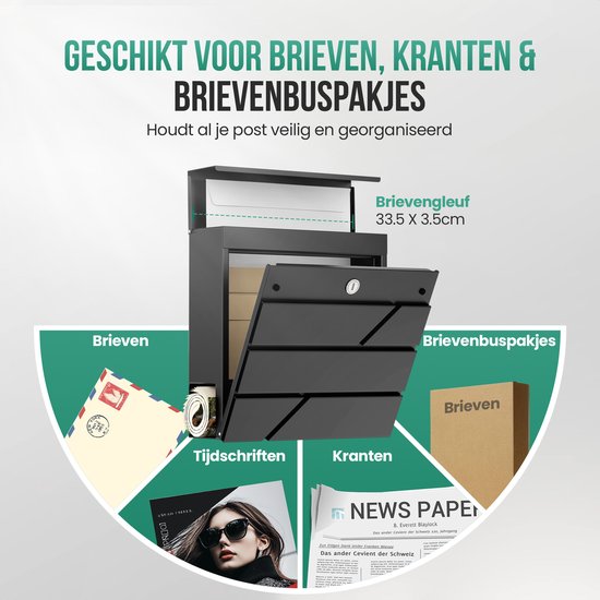 Boîte aux lettres Avalo en acier inoxydable noir avec boîte à journaux et serrure - avec matériel de montage et 2 clés