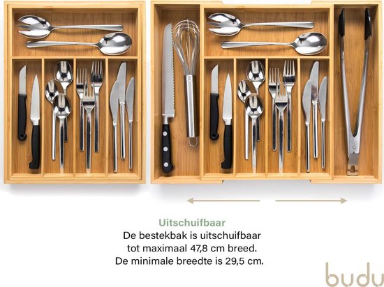 Budu Plateau à couverts extensible en bambou #38 (38 cm de profondeur) - Cassette à couverts en bois - Tiroir à couverts - 38 x 29.5 - 47.8 cm - 5/7 compartiments