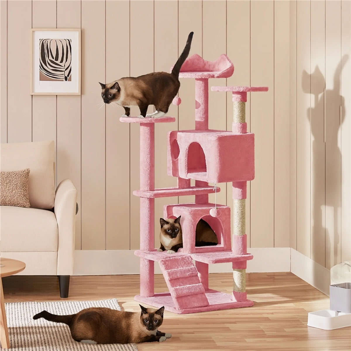 Yaheetech Cat Post avec 3 plateformes d'observation - équipé de 2 paniers pour chats, de poteaux en sisal et d'une balle de jeu avec cloche - pour les foyers avec plusieurs chats - peluche rose et panneau de particules E1 - 49 x 49 x 139 cm