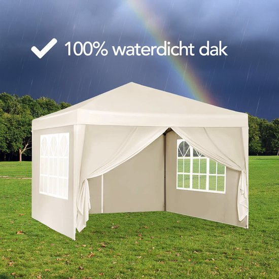 Brixy Party Tent - Pliable - Facile à monter - 3x3m - Imperméable - Pavillon avec parois latérales - Sac de transport inclus - Crème