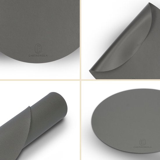 Sets de table Castagnola aspect cuir - Sets de table ronds - Sets de table antidérapants en cuir artificiel - Dessous de verre hydrofuge - Dessous de verre - 6 pièces - Diamètre 38 cm - Gris
