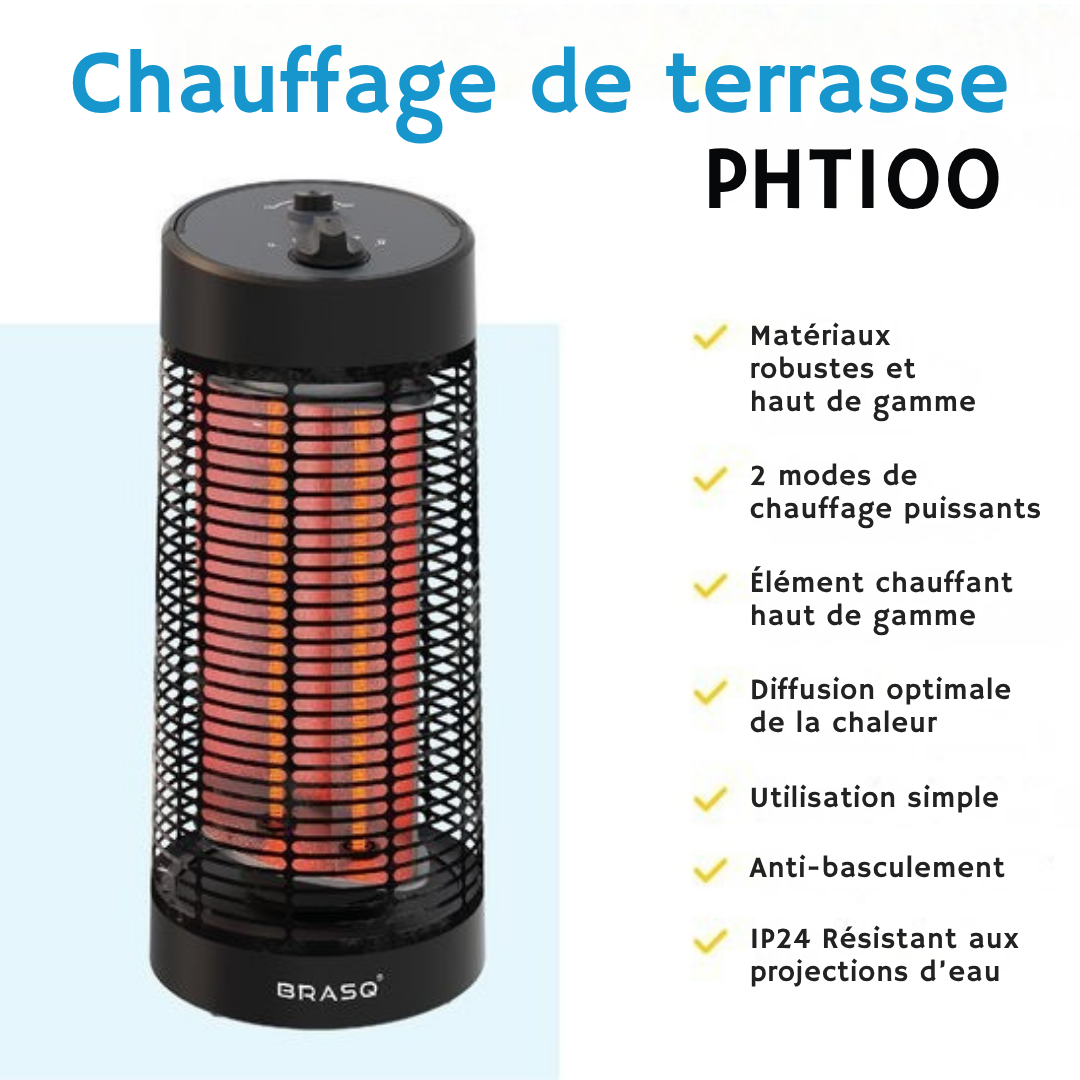 Chauffe terrasse électrique BRASQ - 2 niveaux de chaleur - Fonction pivotante - 50 x 22 x 22 cm - Noir