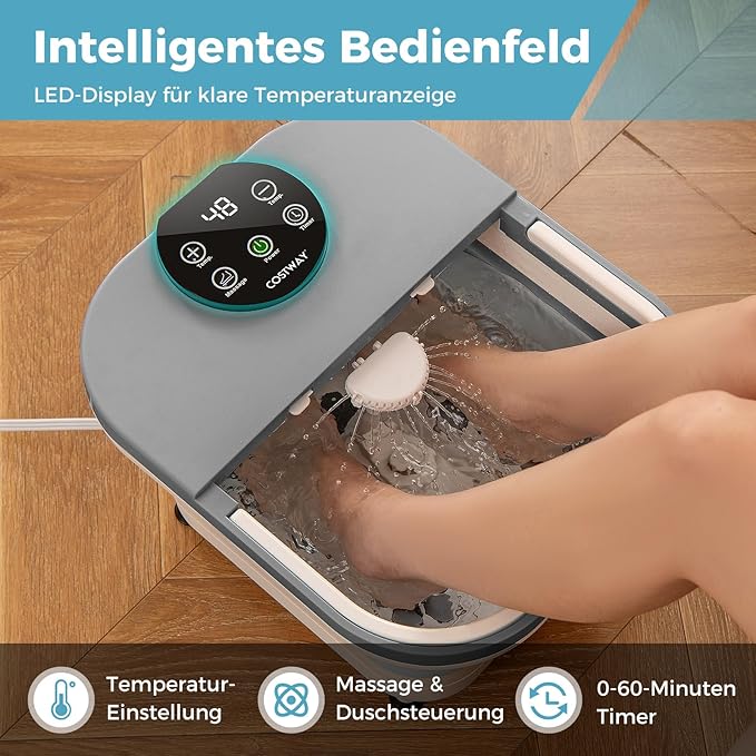 Bain de pieds Coast - Chauffant - Massage - Pliable - Minuterie - Réglage de la température - Gris/Blanc