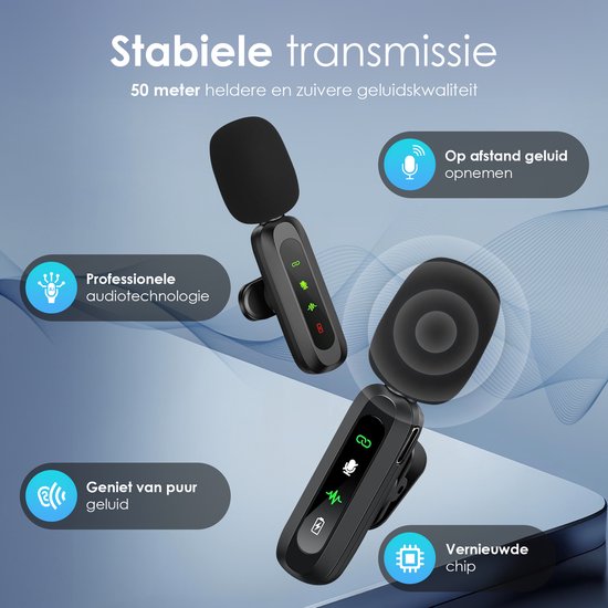 Microphone sans fil Strolox® Pro - Lot de 2 - Micro-cravate - Protège-vent - Épingle de cravate - Batterie longue durée - USB-C/Lightning - Plug & Play