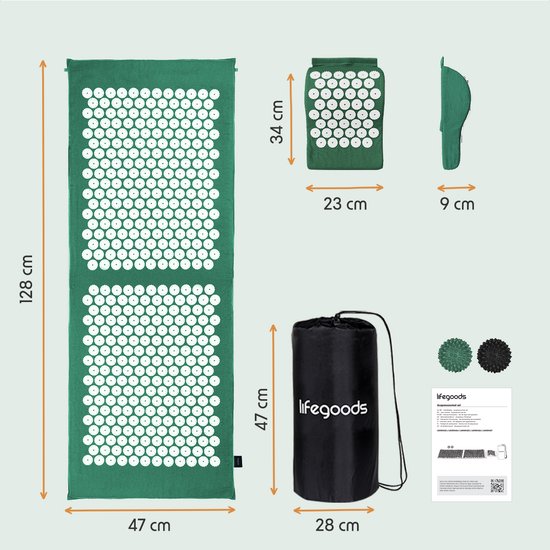 LifeGoods Tapis d'acupression XL - avec coussin - Tapis Shakti - Tapis pour ongles avec 2 balles pour points de déclenchement - 128x48x2cm - Vert/Blanc