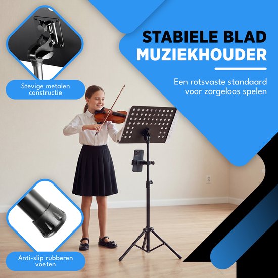 Finesse Music Stand for Sheet Music with Phone Holder - XL - Foldable - with Carrying Bag - Lectern - for Tablet - Black
