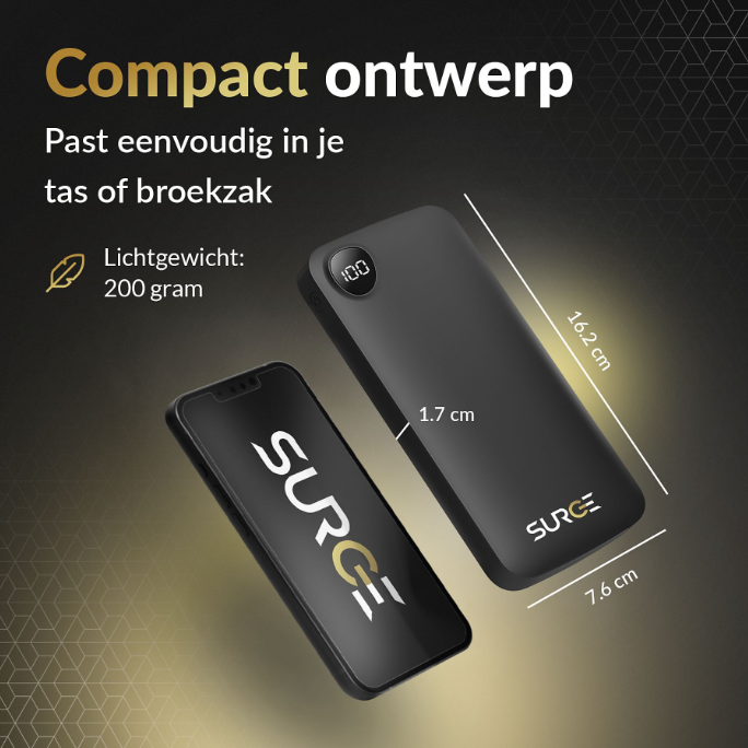 Surge C-Twin Powerbank 10 000mAh 22,5W - 2x USB-C + USB - Noir - Compact 14,2 x 6,8 x 1,6 cm