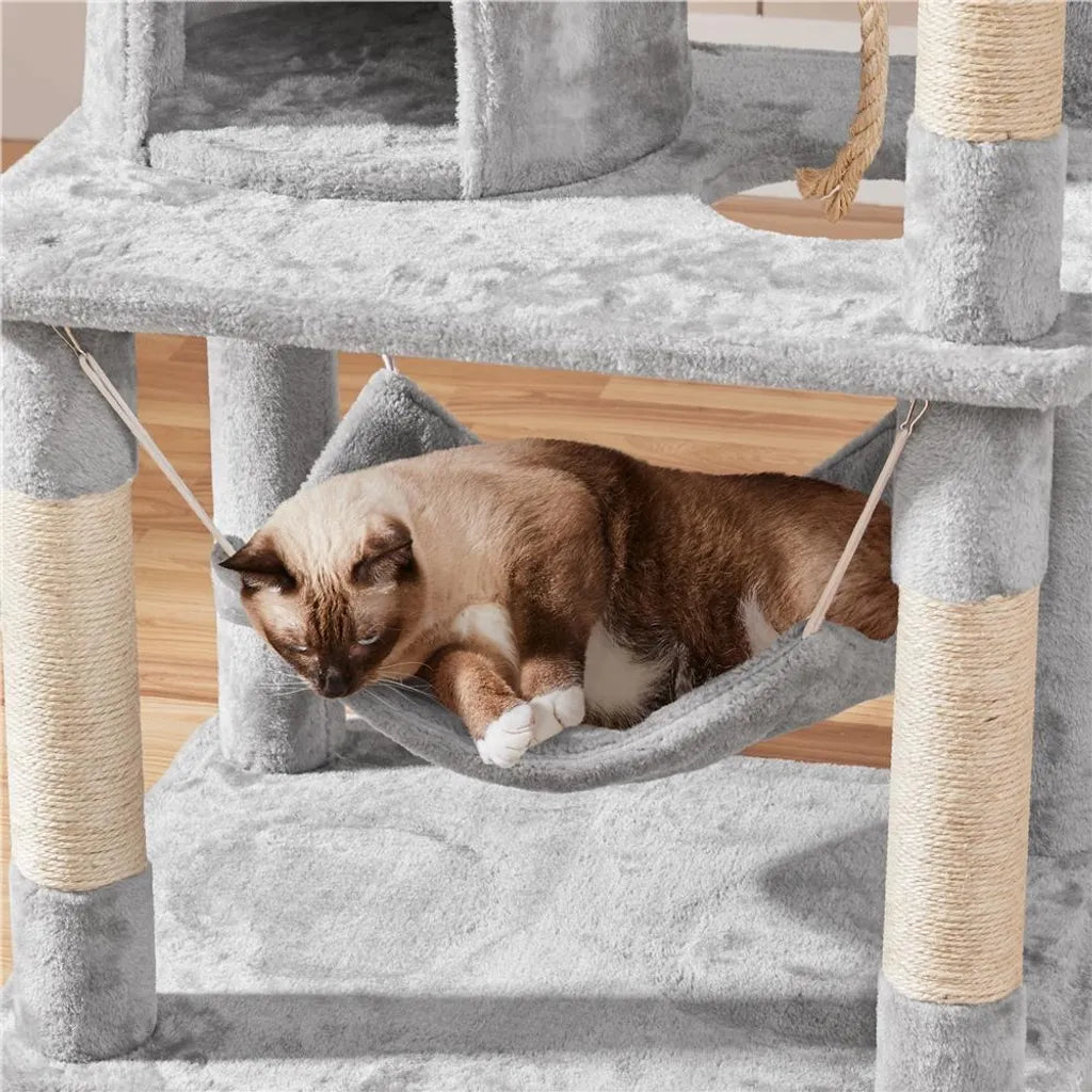 Yaheetech : grand arbre à chat avec 2 maisonnettes et un hamac - Gris clair - 181 cm