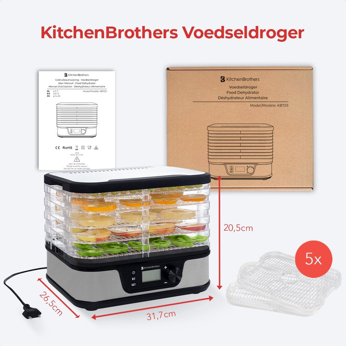 Séchoir à aliments - KitchenBrothers - électrique 380W - 5 couches - 9 niveaux de chaleur - 35°C à 75°C - minuterie - acier inoxydable/noir