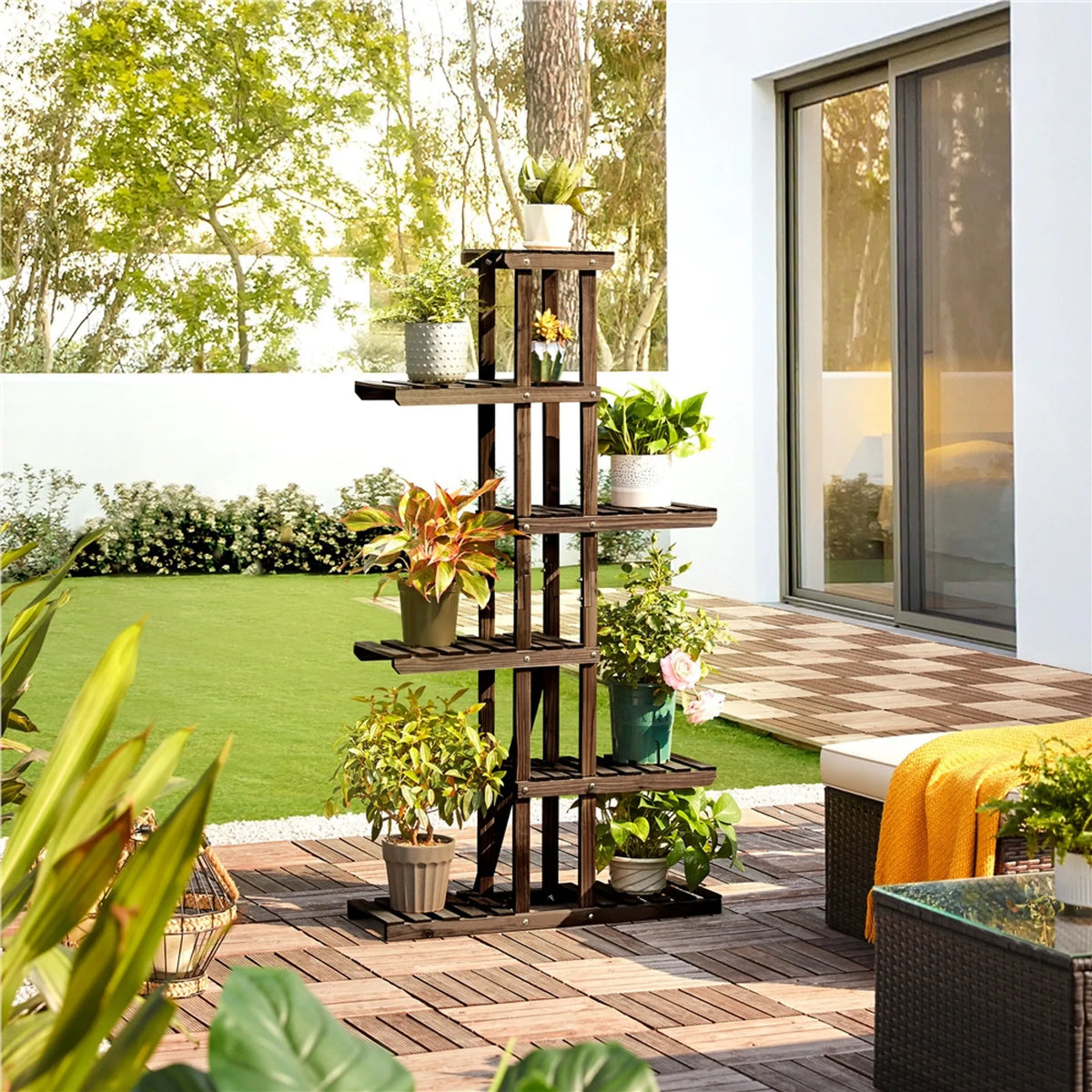 Yaheetech : étagère à plantes à 6 niveaux pour l'intérieur et l'extérieur, 140 cm de haut – marron – bois de sapin et métal