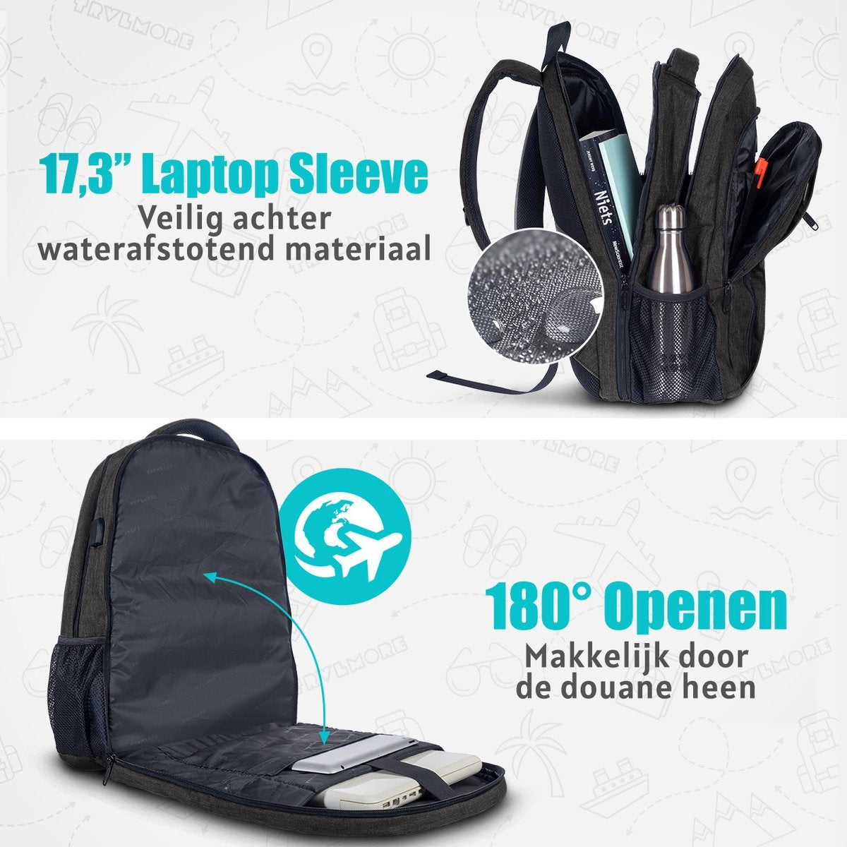 TRVLMORE Sac à dos - 36L - 17.3 inch - Sac à dos pour ordinateur portable - Sac d'école - Unisex - Splashproof Anthracite