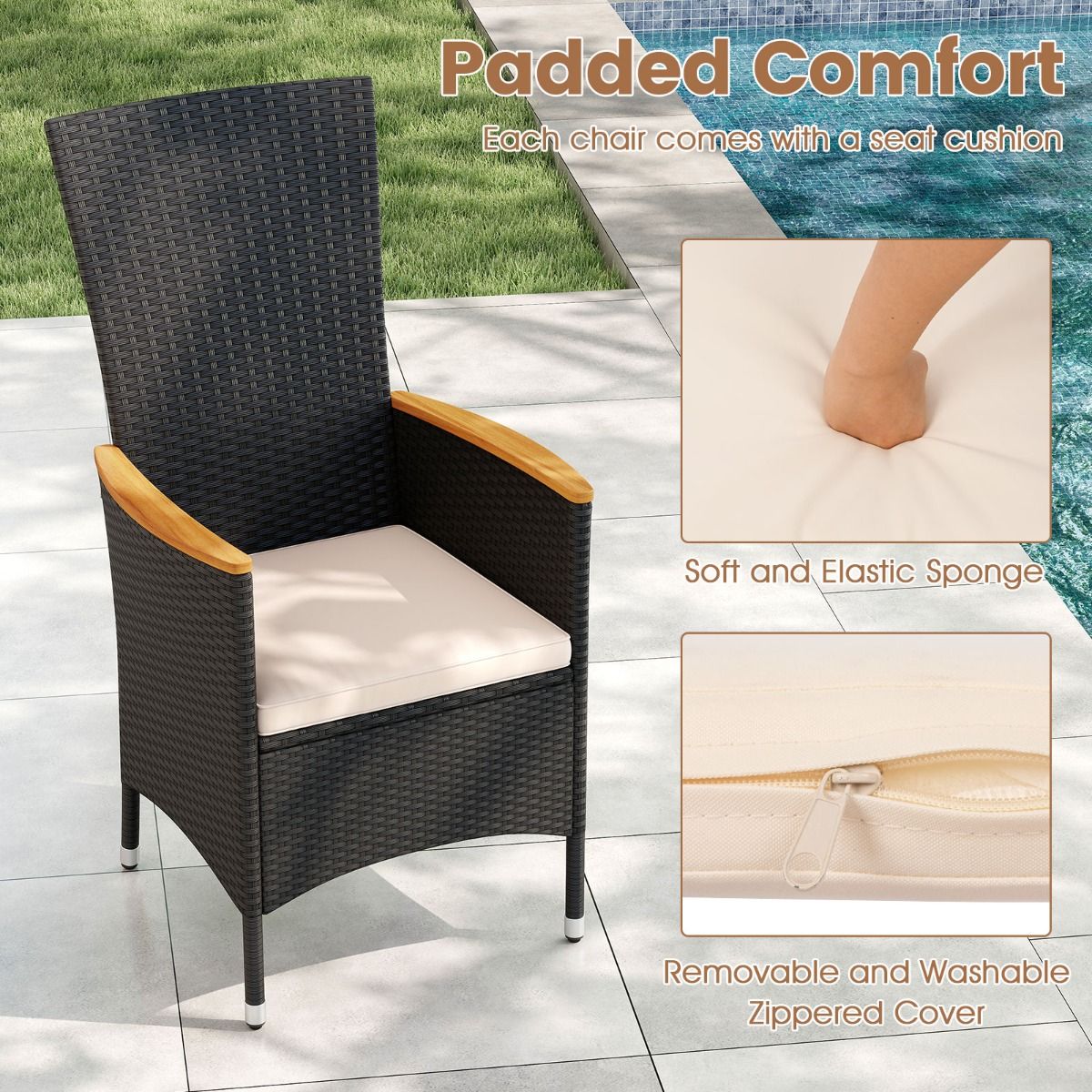 Ensemble de chaises de jardin Coast - dossier haut - coussins amovibles - lot de 2 - noir