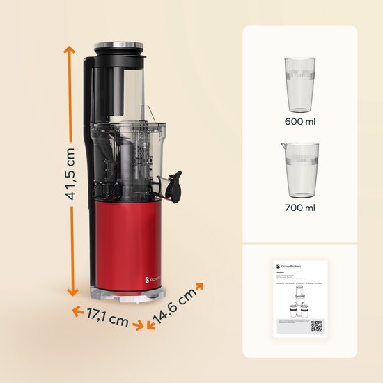 KitchenBrothers Slowjuicer - Vertical - Presse-agrumes - Presse-légumes et fruits - 80 mm - 750 ml - Rouge
