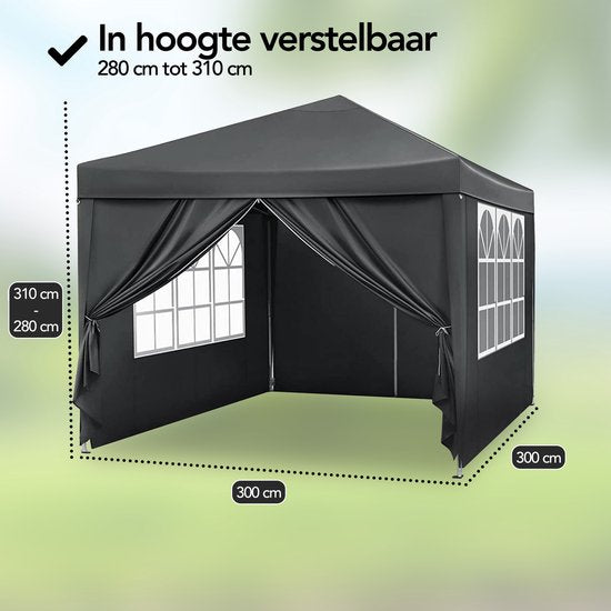 Brixy Party Tent - pliable - facile à monter - 3x3m - étanche - pavillon avec parois latérales - sac de transport inclus - noir