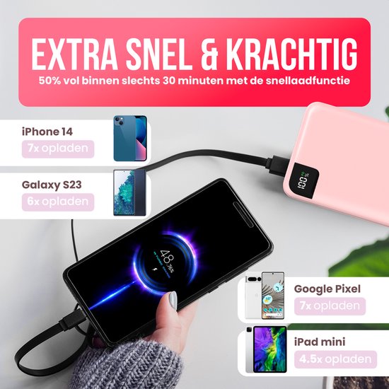 Strex Powerbank Pink - 27 000 mAh - Charge rapide 22,5 W - USB-A/USB-C - Indication LED - Powerbank universel adapté à iOS/Android, entre autres