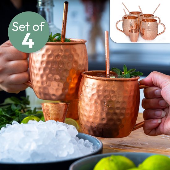 Gadgy Moscow Mule Cups 4-Piece Set - 100% Copper - Cocktail Set : 4 verres à cocktail, 4 pailles et 1 mesure de bar - Cadeau pour femme et homme
