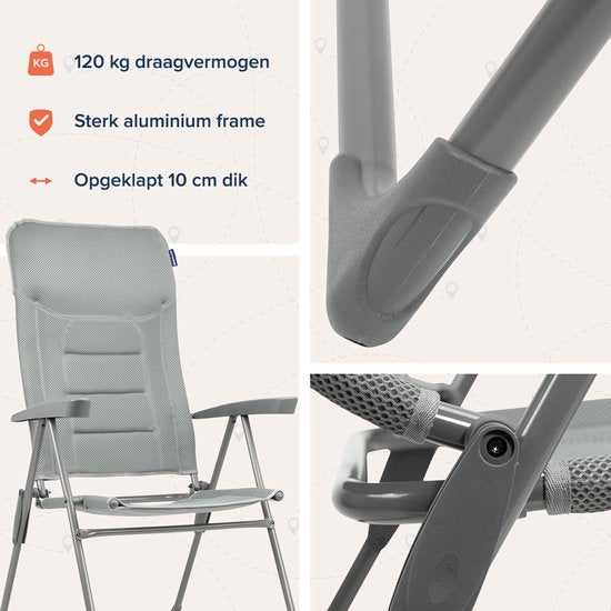 TRVLMORE Chaise de camping - 7 positions - Chaise de camping confortable - Capacité de charge de 120 kg - Position allongée - Chaise pliante - Chaise pliante - Gris