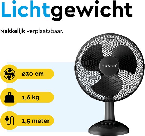 BRASQ Ventilateur de table - 30 cm - Noir - 3 vitesses - Ventilateur de table - 40 watts