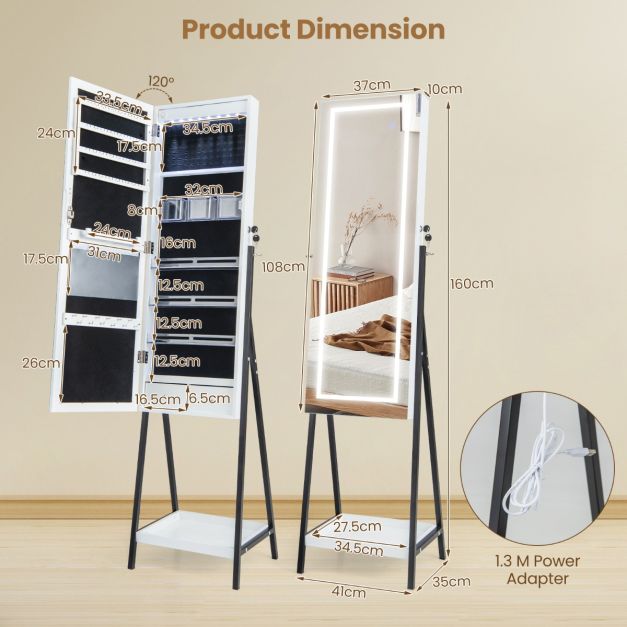 Armoire à bijoux avec miroir - Coast - LED - Blanc/Noir - 3 piles AA - 41x35x160 cm