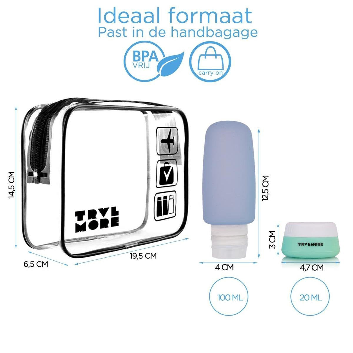 TRVLMORE Bouteilles de voyage avec étui - Rechargeables - Transparentes - 6 pièces
