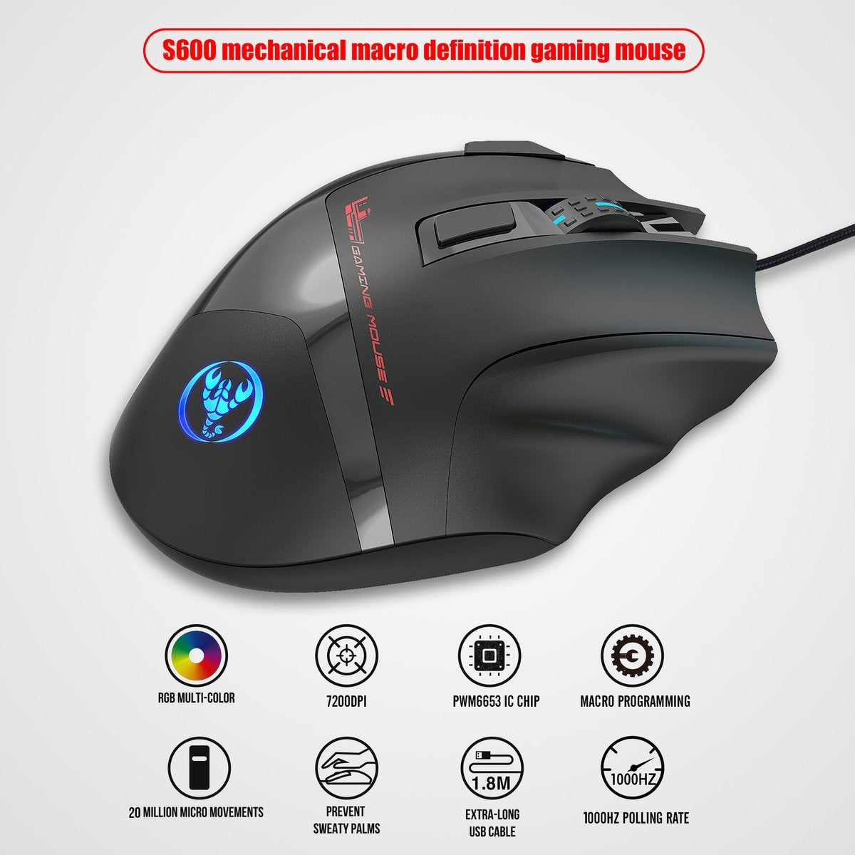 HXSJ S600 Pro Optical Gaming Mouse - Programmable - Lumière RGB - Ergonomique - 7200DPI - Noir