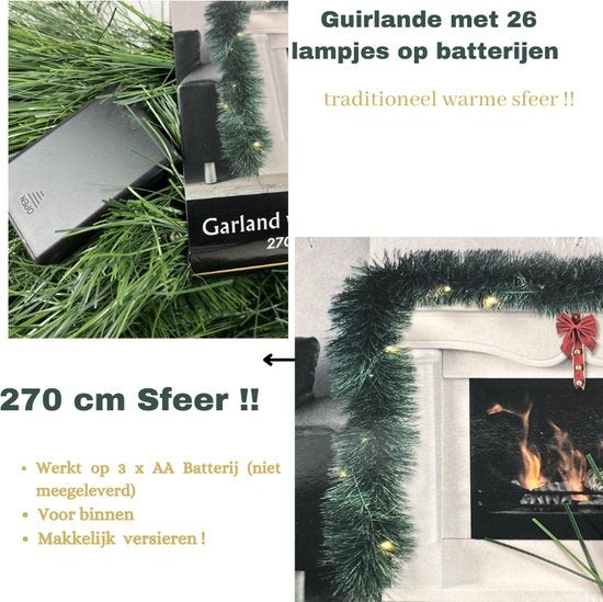 Guirlande verte avec 26 lumières Led - blanc chaud - guirlande de Noël -270 cm - fonctionne avec des piles