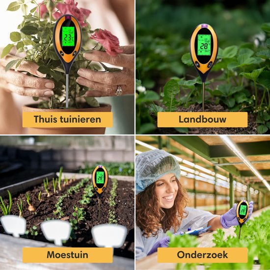 Vulpes Goods® Humidimètre pour plantes - 4 en 1 - hygromètre - intérieur et extérieur - hygromètre pour plantes d'intérieur - - pH, photomètre, thermomètre et humidimètre - Humidimètre pour sol - Version PRO - Batterie incluse