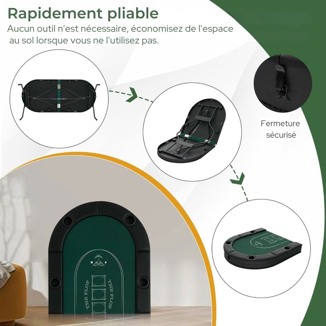 Table de poker pliable COAST- 182x82x75 cm - Pour 8 joueurs - Noir/Vert