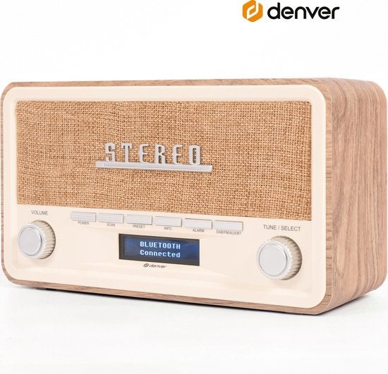 Radio Rétro - Denver - Vintage - Bluetooth - DAB+/ FM -Luminosité réglable – Fonctionne sur piles et secteur – DAB18LW - Bois