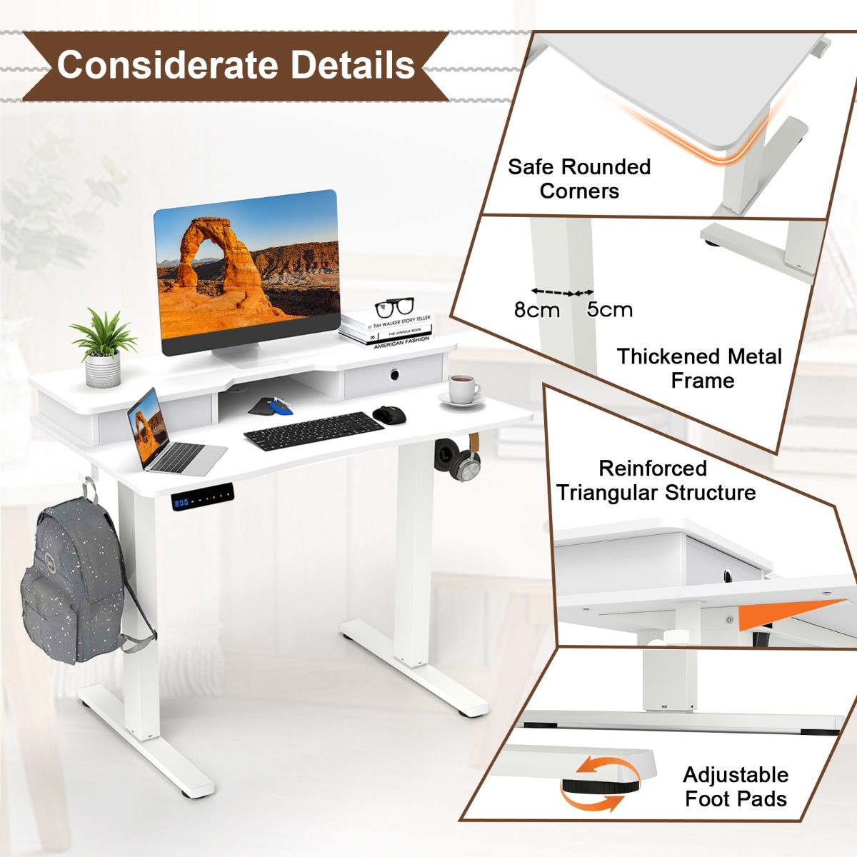 Bureau assis-debout électrique Coast - Réglable en hauteur - Avec support pour écran et tiroirs - Blanc 100 x 60 cm