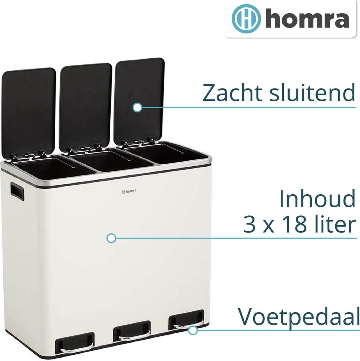 Poubelle de tri sélectif - Homra SPARQ - 3 x 18 L de capacité - 54 L - Blanc - acier inoxydable
