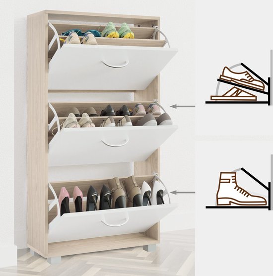 Armoire à chaussures - 3 volets - 115x60x24cm - 18 paires de chaussures - Chêne/Blanc