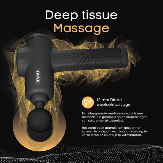 Revolt® Luxury Massage Gun - Extra Strong - Pour la récupération musculaire et les blessures - High Amplitude - 6 vitesses différentes - 6 accessoires - Luxury Storage Case