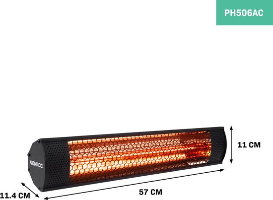 VONROC Chauffage de terrasse - Étanche et antireflet - 2000 W - 57 x 11 x 11,4 cm - Noir