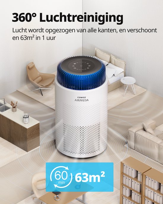 Purificateur d'air Coway Airmega 100 - Pour des pièces jusqu'à 63 m² - Filtre HEPA + filtre à charbon - 244 m³/h - Contre la poussière, le pollen et les allergènes - Silencieux (20 dB) - Certifié ECARF - Purificateur d'air -