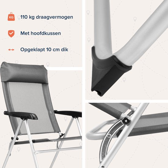 TRVLMORE Chaise de camping - 5 positions - Chaise de camping pliante - Capacité de charge 110 kg - Chaise de pêche - Chaise pliante - Gris