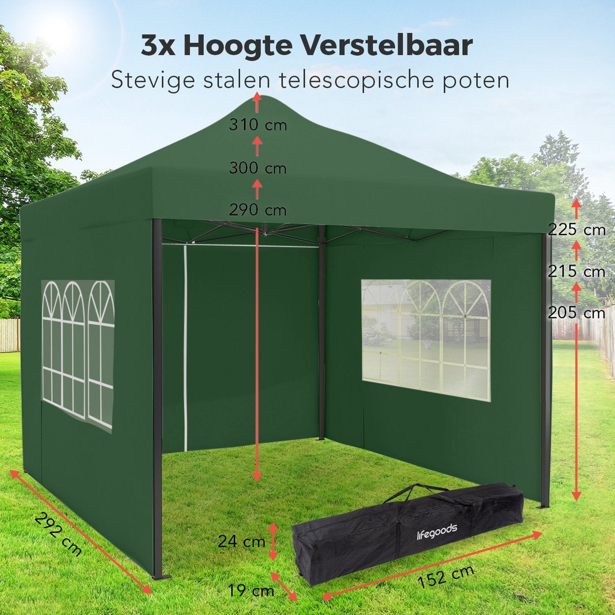 Chapiteau de jardin LifeGoods - 3x3 m - Pliable - Etanche - Parois - Sac de transport à roulettes - Vert foncé